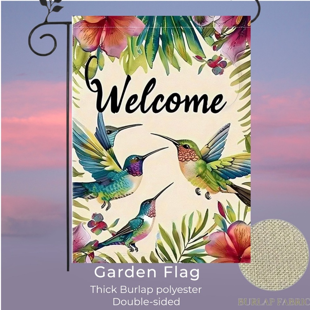 Garden Flag, Welcome Hummingbird, Burlap Polyester Doublesided